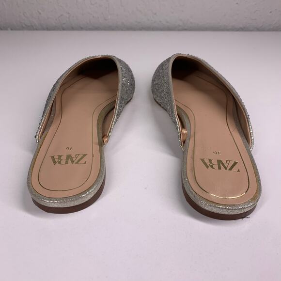 ZARA Metallic‎ Silver Rhinestone Embellished Pointed Toe Mule Flats Size 36 - Picture 2 of 11